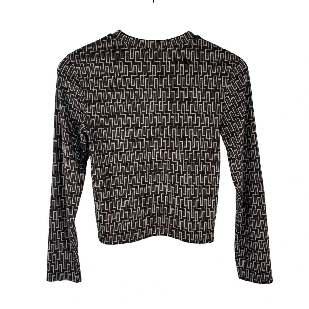 Zara Geometric Maze Print Long Sleeve Knit Womens M Brown Crew Neck Cropped